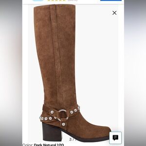 Marc Fisher LTD Ofida Knee High Harness Moto Style Suede Boots Dark Natural 7.5